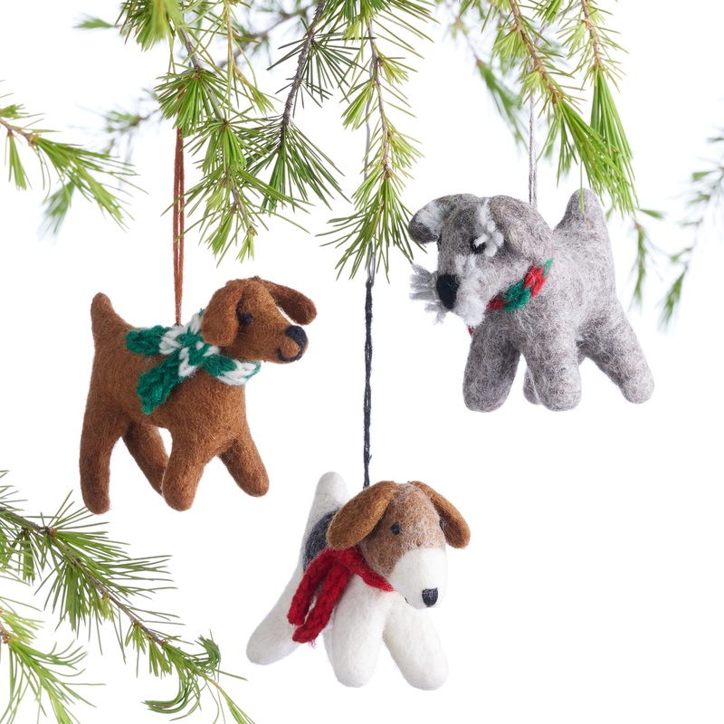 Wool Dog With Scarf Ornaments Set of 3