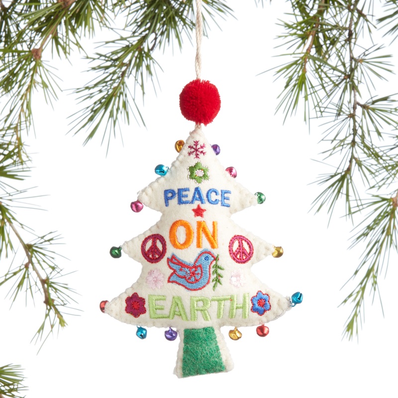 Wool Peace on Earth Tree with Bells Ornament