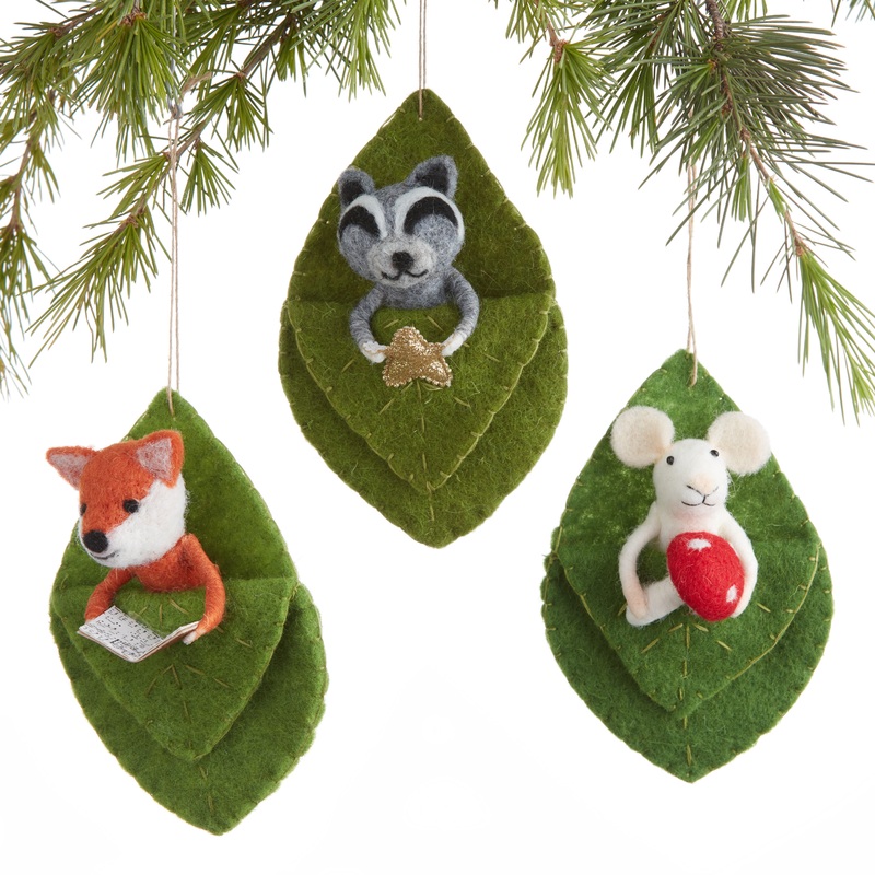 Wool Woodland Animals In Leaves Ornament Set Of 3