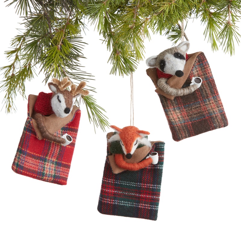 Wool Woodland Animals In Sleeping Bags Ornaments Set Of 3
