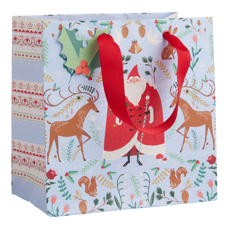 Small Square Folk Santa Holiday Gift Bag