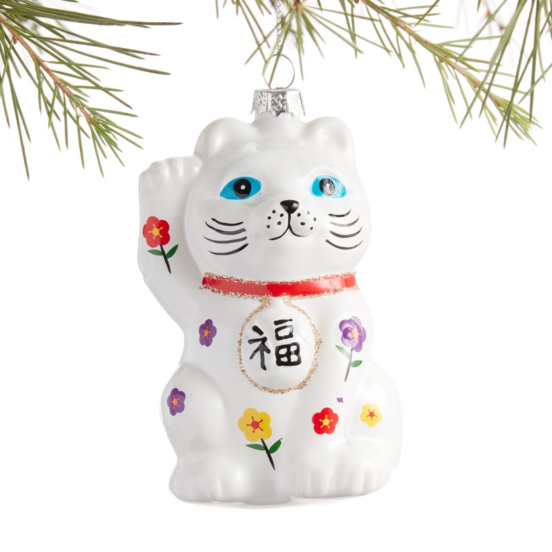 White Glass Lucky Cat Ornament