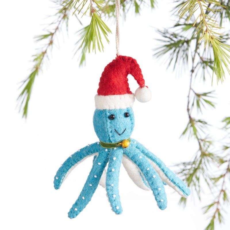 Wool Octopus With Santa Hat Ornament