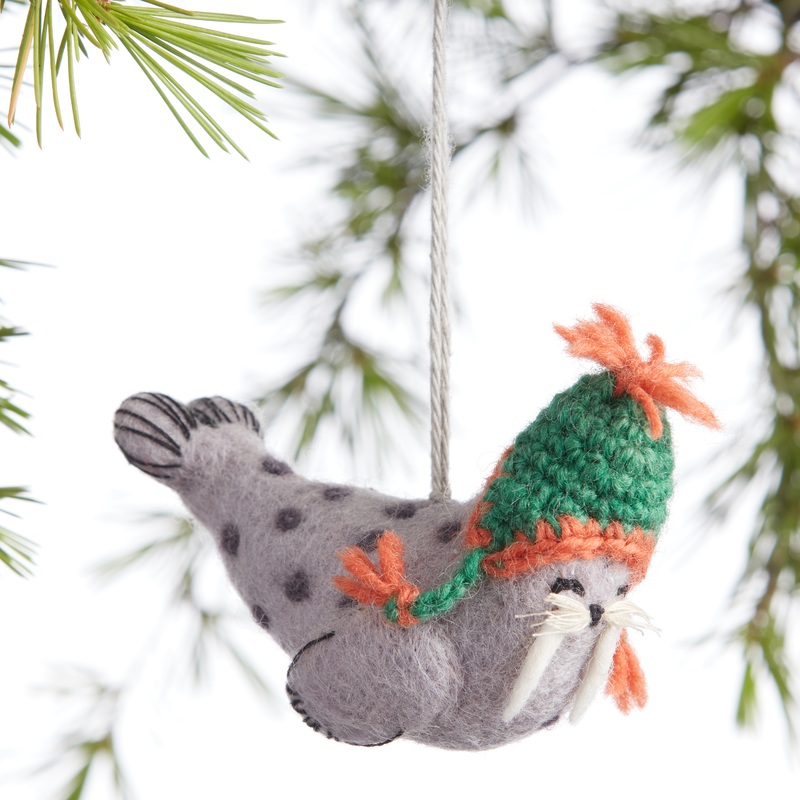 Wool Walrus With Hat Ornament