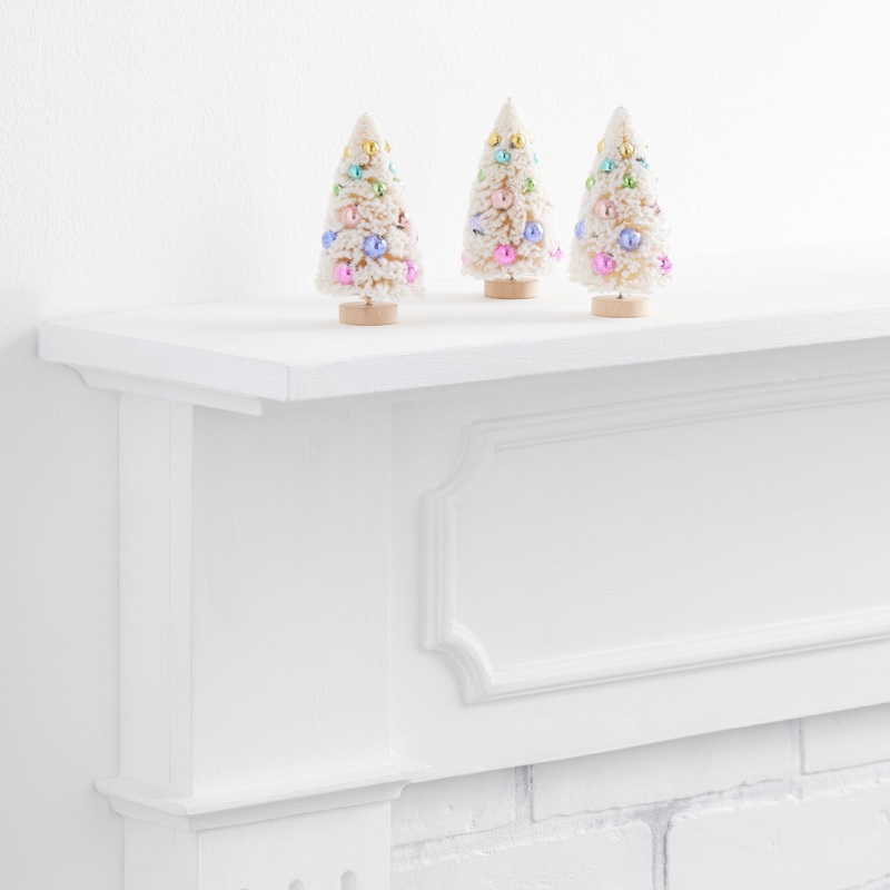 White Retro Flocked Bottlebrush Tree Decor 3 Pack