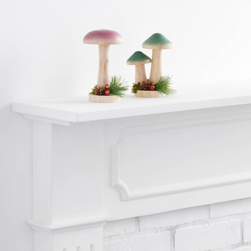 Wood Mushroom with Holiday Greenery Decor Set of 2