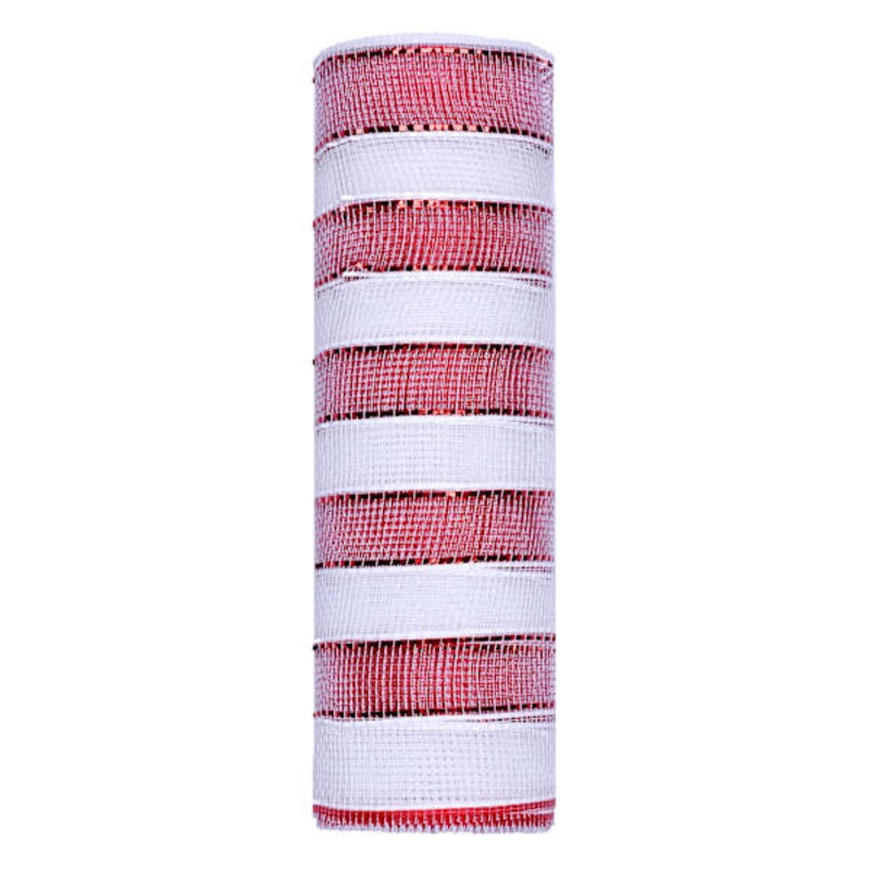 10.5″ Red & White Striped Mesh Ribbon, 10yd