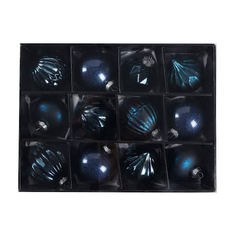 12-Count Blue Decorated Glass Ornaments