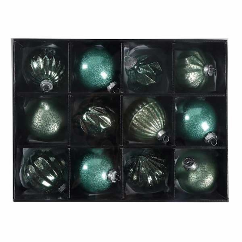12-Count Decorated Green Glass Ornaments