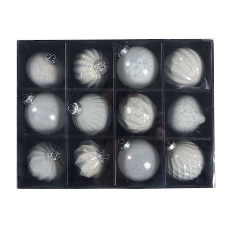 12-Count White Decorated Glass Ornaments
