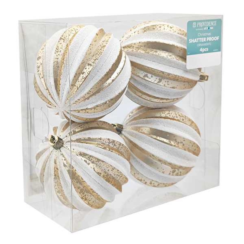 4-Count Gold & White Striped Ball Ornament, 3.9″