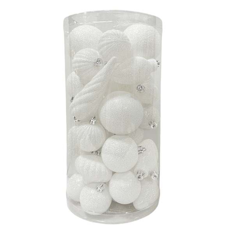 40-Count White Gleam Mix Shatterproof Ornaments, 65mm