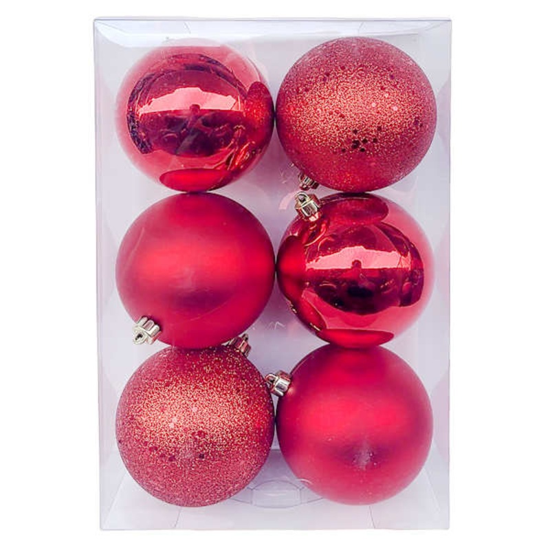 6-Count Red Mix Shatterproof Ornaments, 100mm