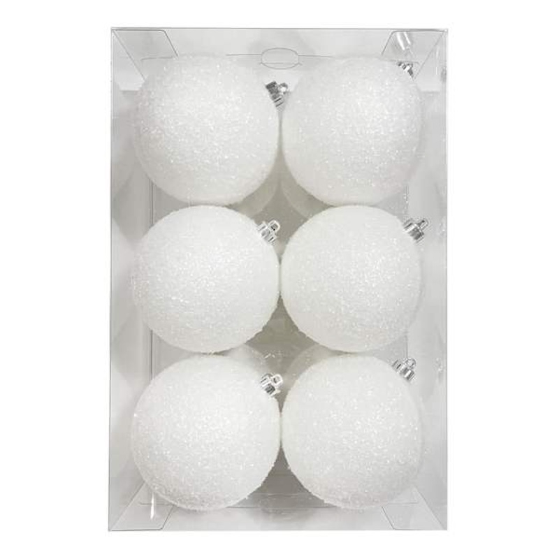 6-Count White Chunky Flocked Shatterproof Ornaments, 100mm
