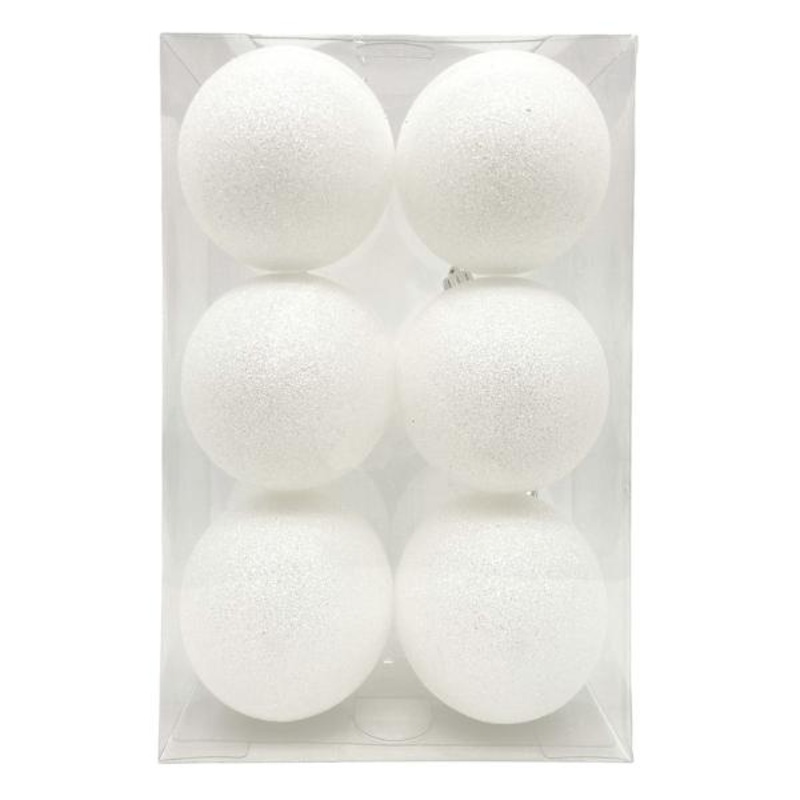 6-Count White Glittered Shatterproof Ornaments, 100mm