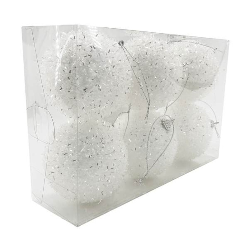 6-Count White Tinsel Shatterproof Ornaments, 80mm