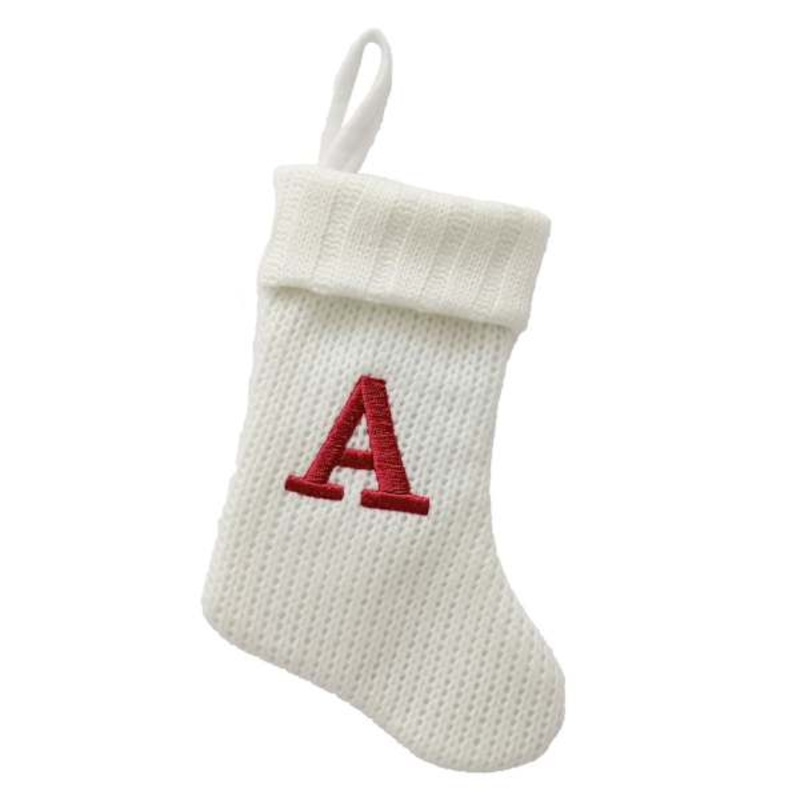 8″ White Knit Monogram Stocking, A