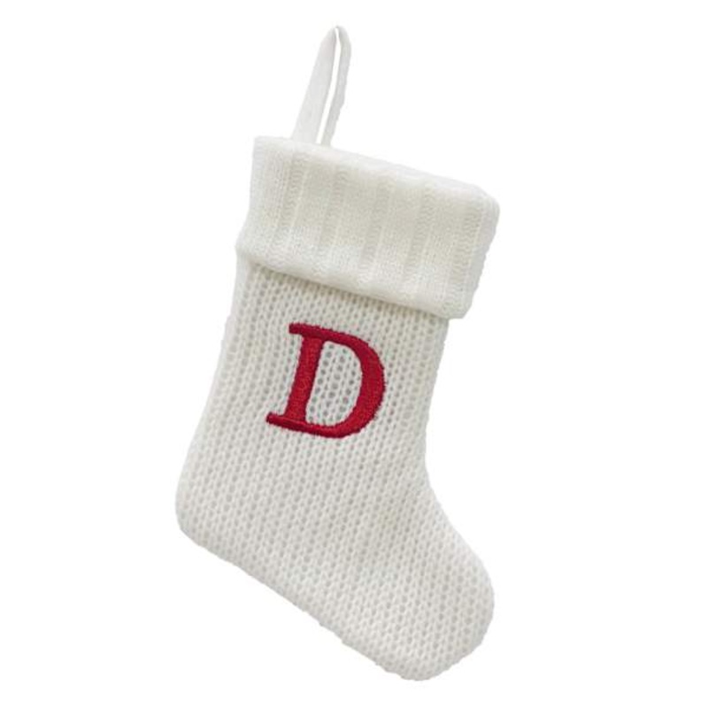 8″ White Knit Monogram Stocking, D