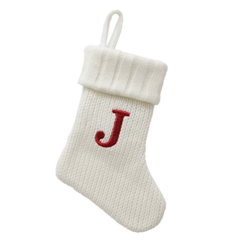 8″ White Knit Monogram Stocking, J