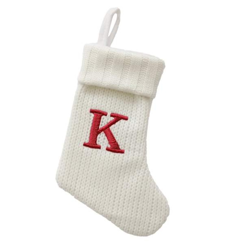 8″ White Knit Monogram Stocking, K