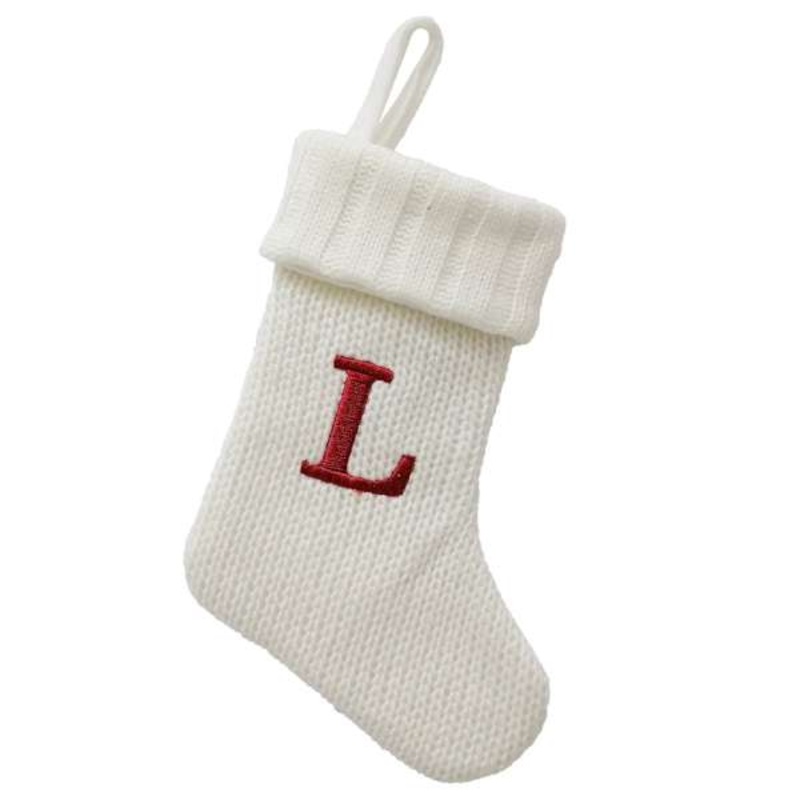 8″ White Knit Monogram Stocking, L