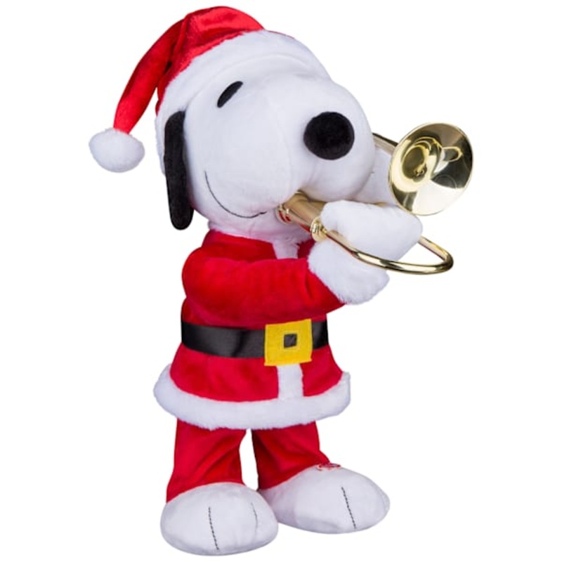 Animated Plush Snoopy in Santa Suit with Trombone, 12″