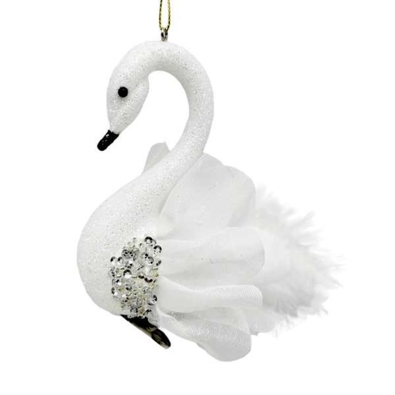 Arctic Wonderland White Glittered Swan Ornament, 4.7″