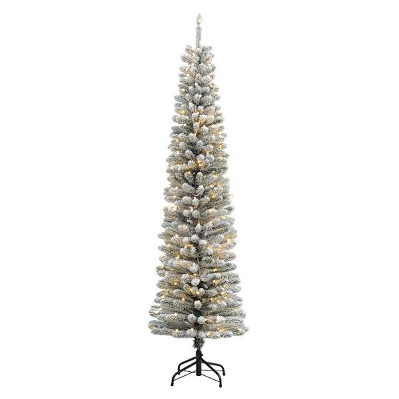 (A24) Pre-Lit LED Flocked Slim Summit Fir Pencil Christmas Tree, 6.5′