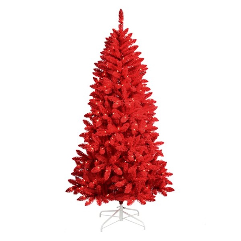 (A30) Pre-Lit LED Red Flocked Fir Christmas Tree, 6.5′