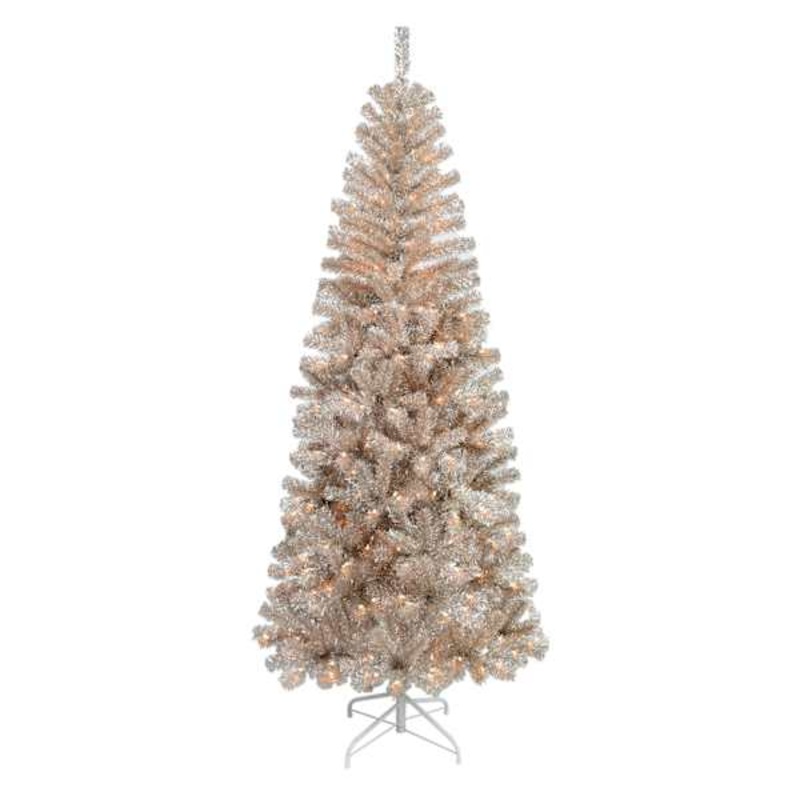 (B38) Pre-Lit LED Champagne Tinsel Christmas Tree, 7′
