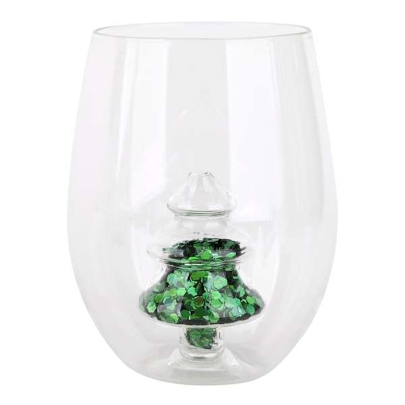 Stemless Wine Glass with Glittered Christmas Tree Icon, 17oz