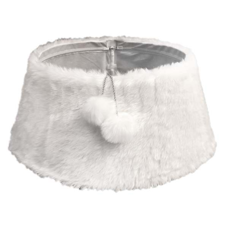 White Faux Fur Tree Collar with Pom-Poms, 26″