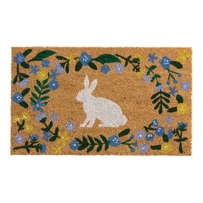 White Bunny and Multicolor Floral Coir Doormat