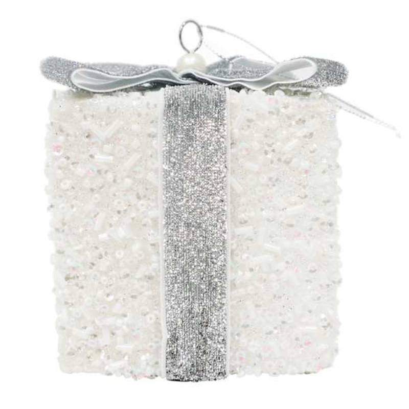 White Sequin Gift Box Ornament, 3.5″