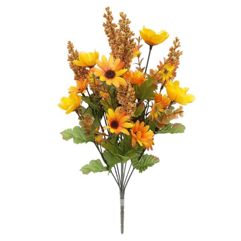 10-Head Yellow Daisy & Heather Floral Bush, 18″