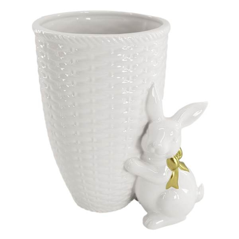 White Ceramic Vase with Bunny, 9″