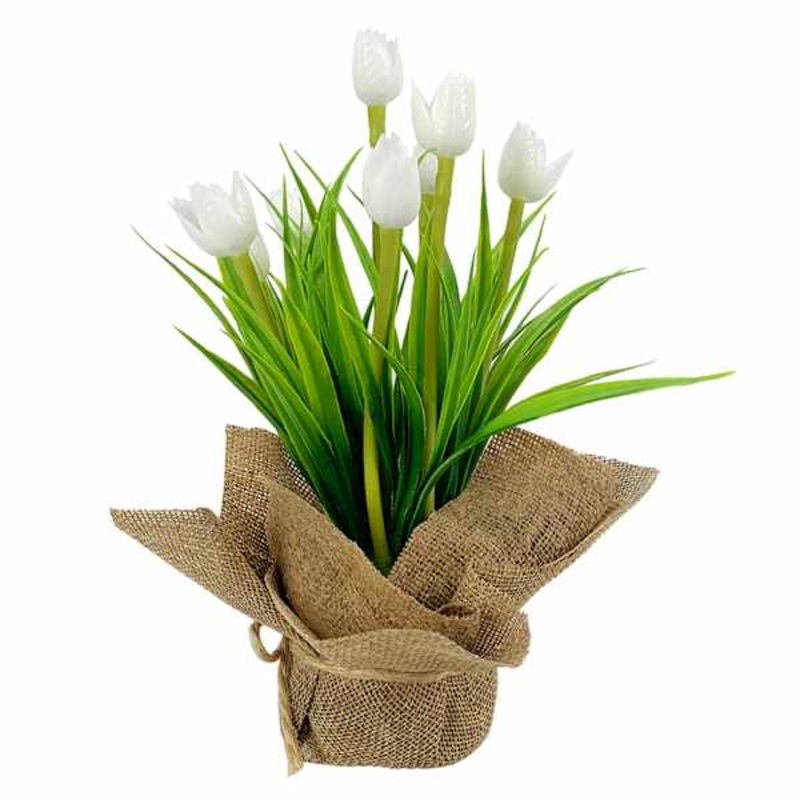 White Tulips in Flax Fabric Bag, 8″