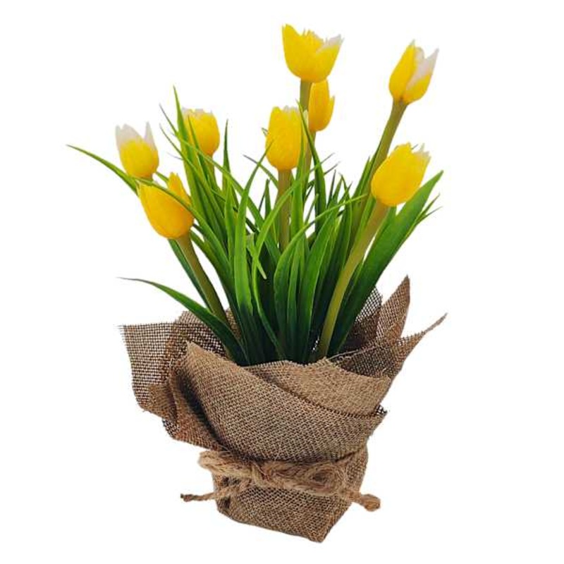 Yellow Tulips in Flax Fabric Bag, 8″