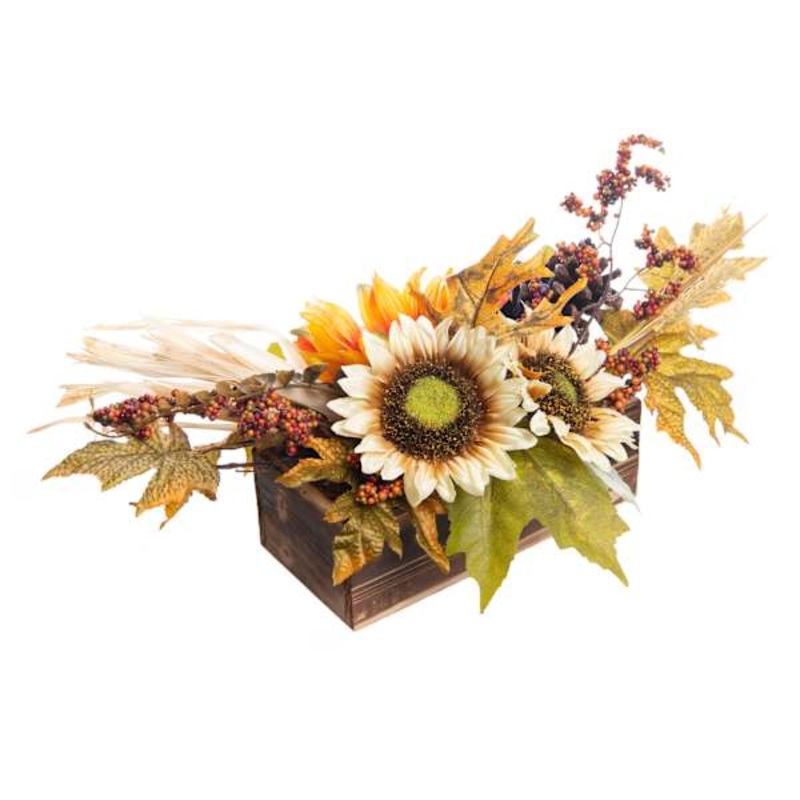 Sunflowers & Berries Arrangement in Wooden Box Vase, 10″