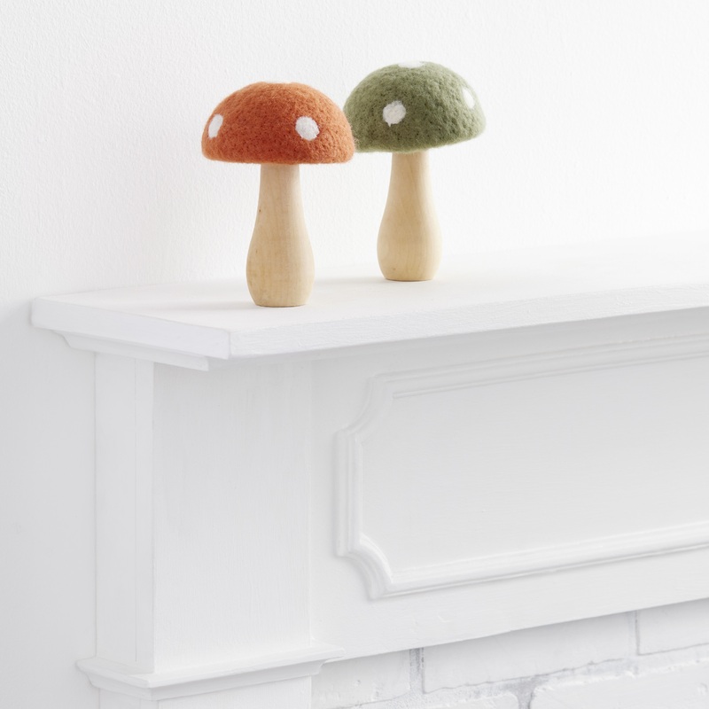 Tall Wool and Wood Spotted Mushroom Decor Set of 2