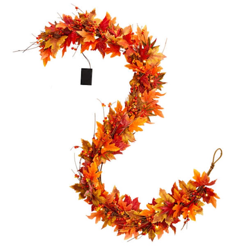 Warm Light LED Maple Leaves & Berries Garland with Timer, 72″