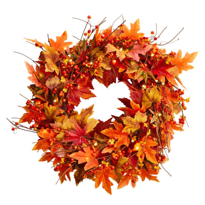 Warm Light LED Maple Leaves & Berries Wreath with Timer, 22″