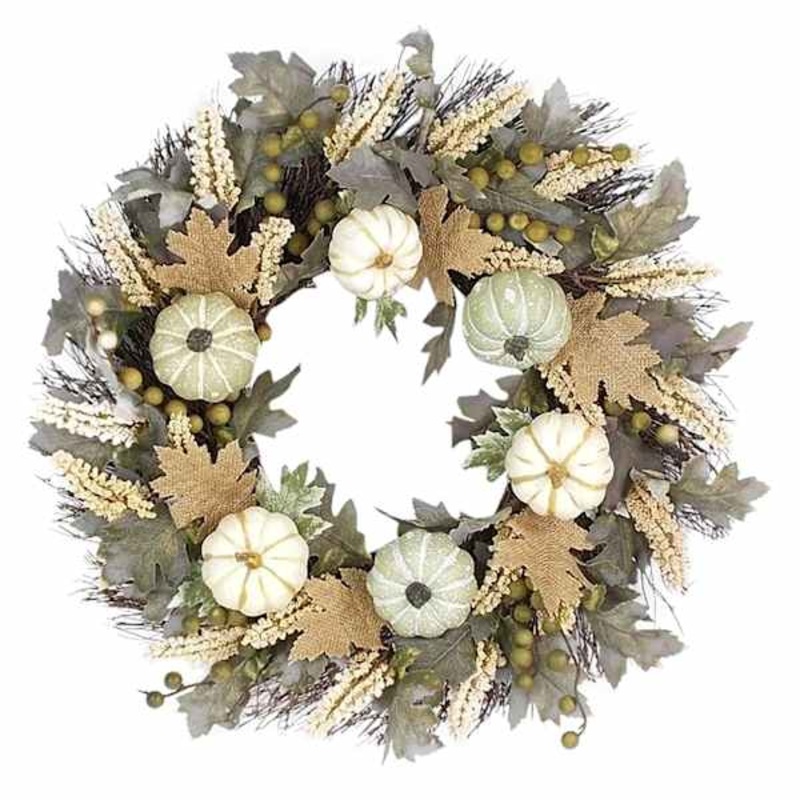 White & Green Pumpkins Burlap Wreath, 22″