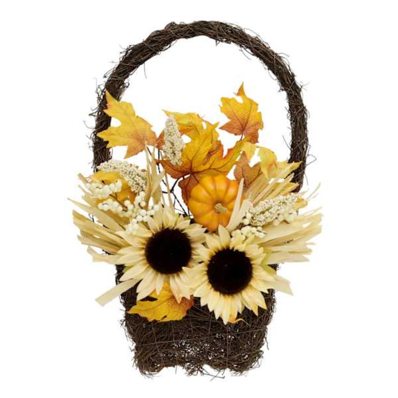 White Sunflower & Pumpkin Hanging Wall Basket, 20″