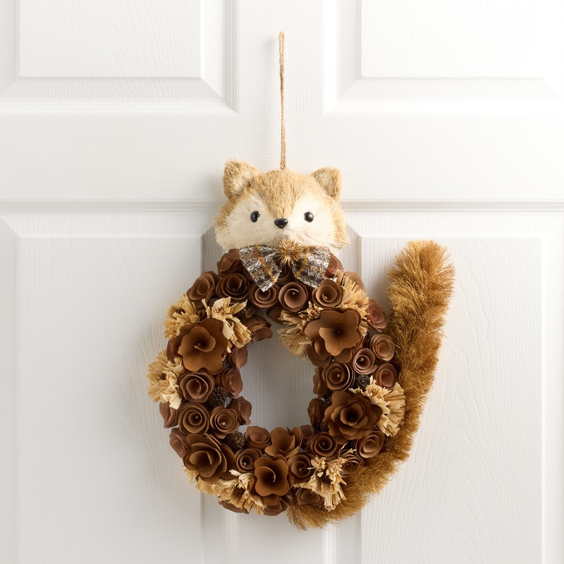 Wood Curl Fox with Bow Tie Wreath