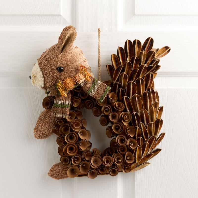 Wood Curl Squirrel with Scarf Wreath