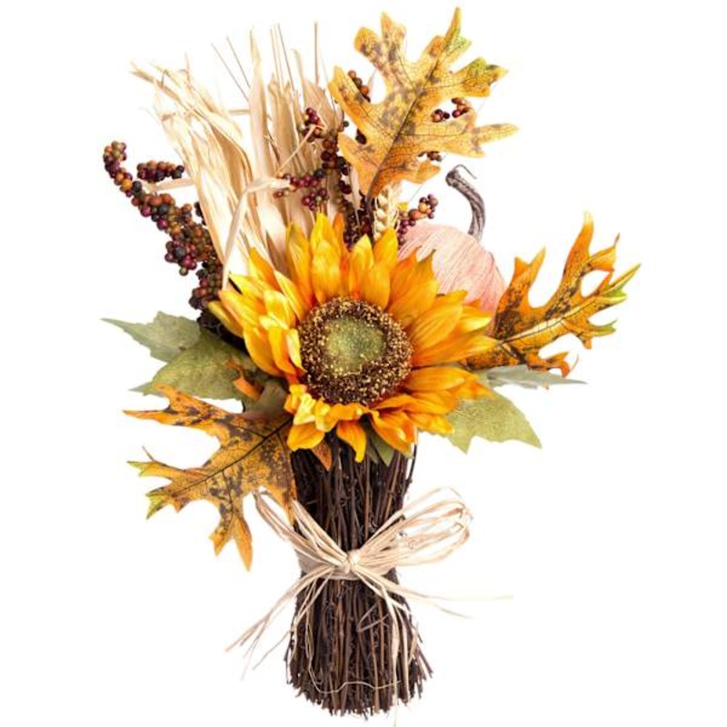 Yellow Sunflower & Ivory Pumpkin Fall Arrangement, 16″