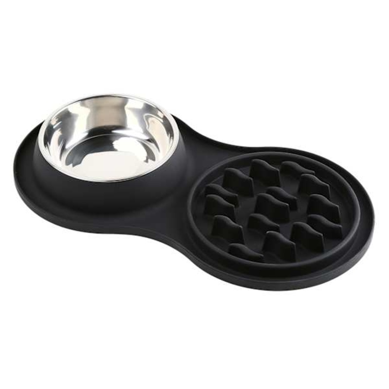 1.5-Cup Black Silicone Slow Pet Bowl Set, Medium