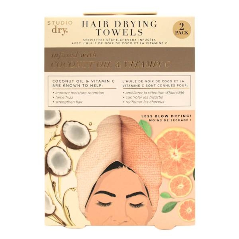 Studio Dry 2Pk Coconut Oil Vit C Infused Hair Turban Towels – Beige Orange