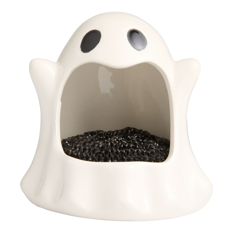 White Ceramic Ghost Figural Sponge Holder with Black Scourer